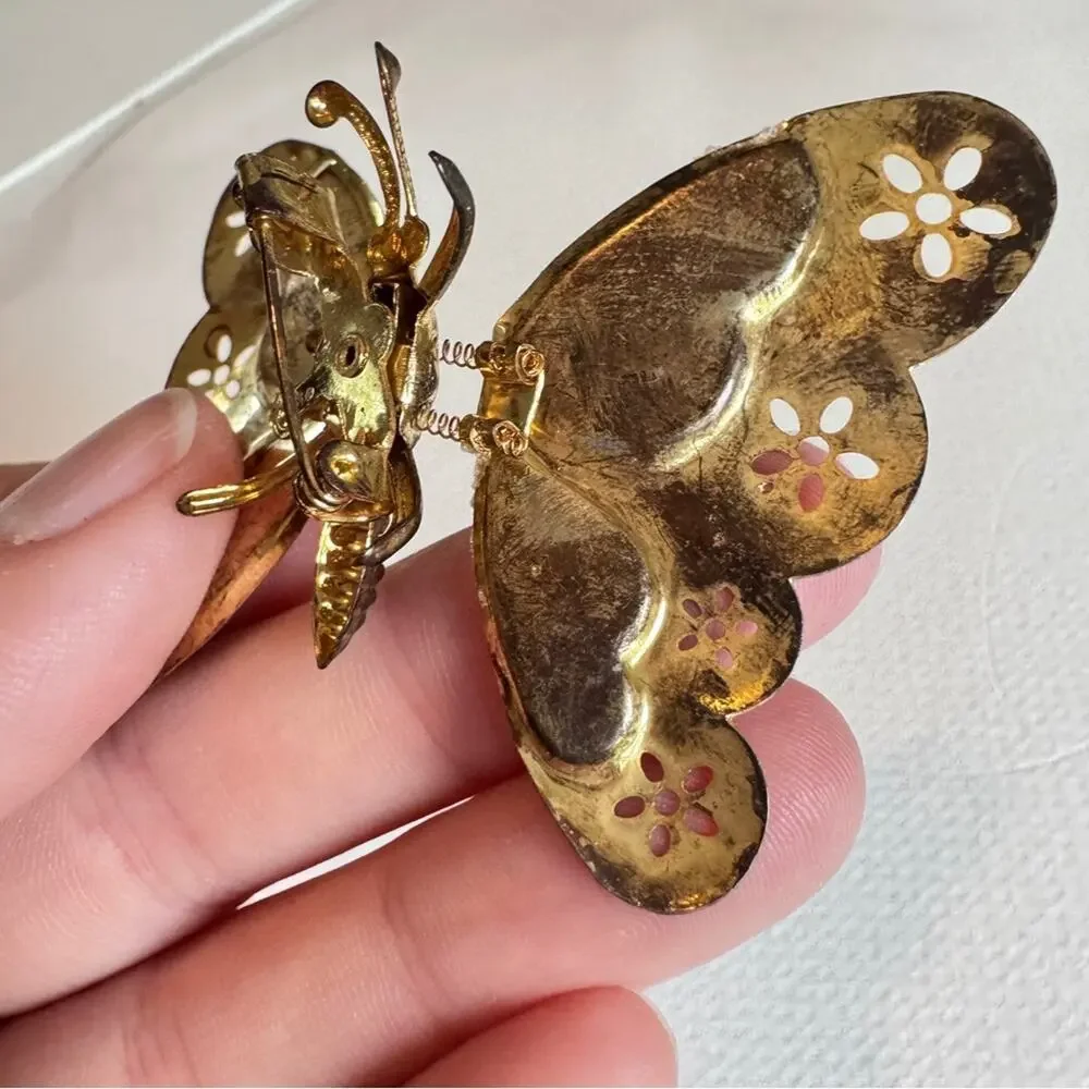 Vintage Gold Tone White Glitter Butterfly Brooch W/ Springs Moving Wings Estate